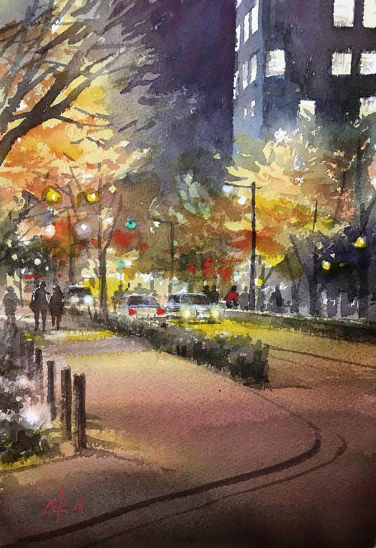 夜景 日本大通り 赤坂孝史の水彩画 夜景 日本大通り 赤坂孝史の水彩画
