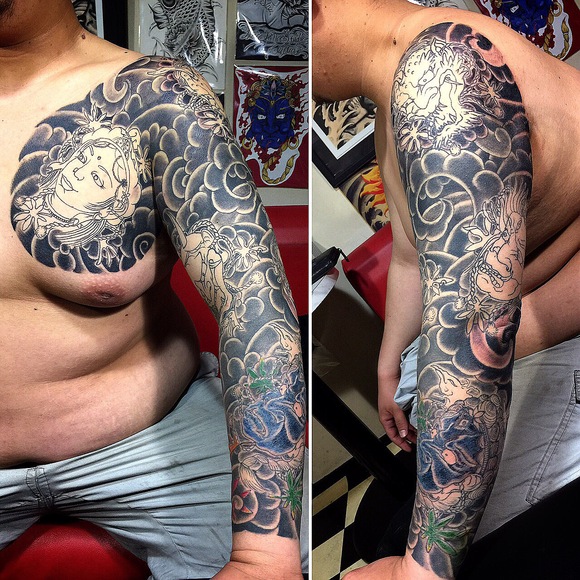 和彫り 十分袖 刺青 面散らし 天下五面 千葉 聖針 2face Tattoo Studio Japan 千葉県木更津市 刺青処 聖針