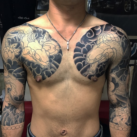 和彫り 蛇 菊 小面 七分袖 刺青 千葉 聖針 2face Tattoo Studio Japan 千葉県木更津市 刺青処 聖針