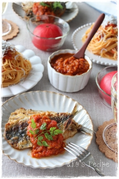 手作りトマトソースで食卓が華やかに！イワシのムニエルやしらすのトマトスパゲティなど_e0366576_10351059.jpeg