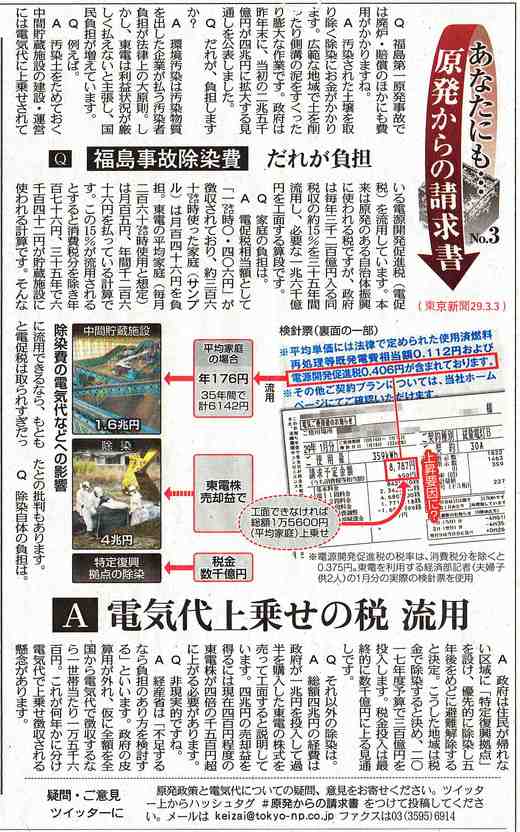 原発からの請求書No.3　Q 福島事故除染費だれが負担　A　電気代上乗せの税流用　／東京新聞_b0242956_22521048.jpg