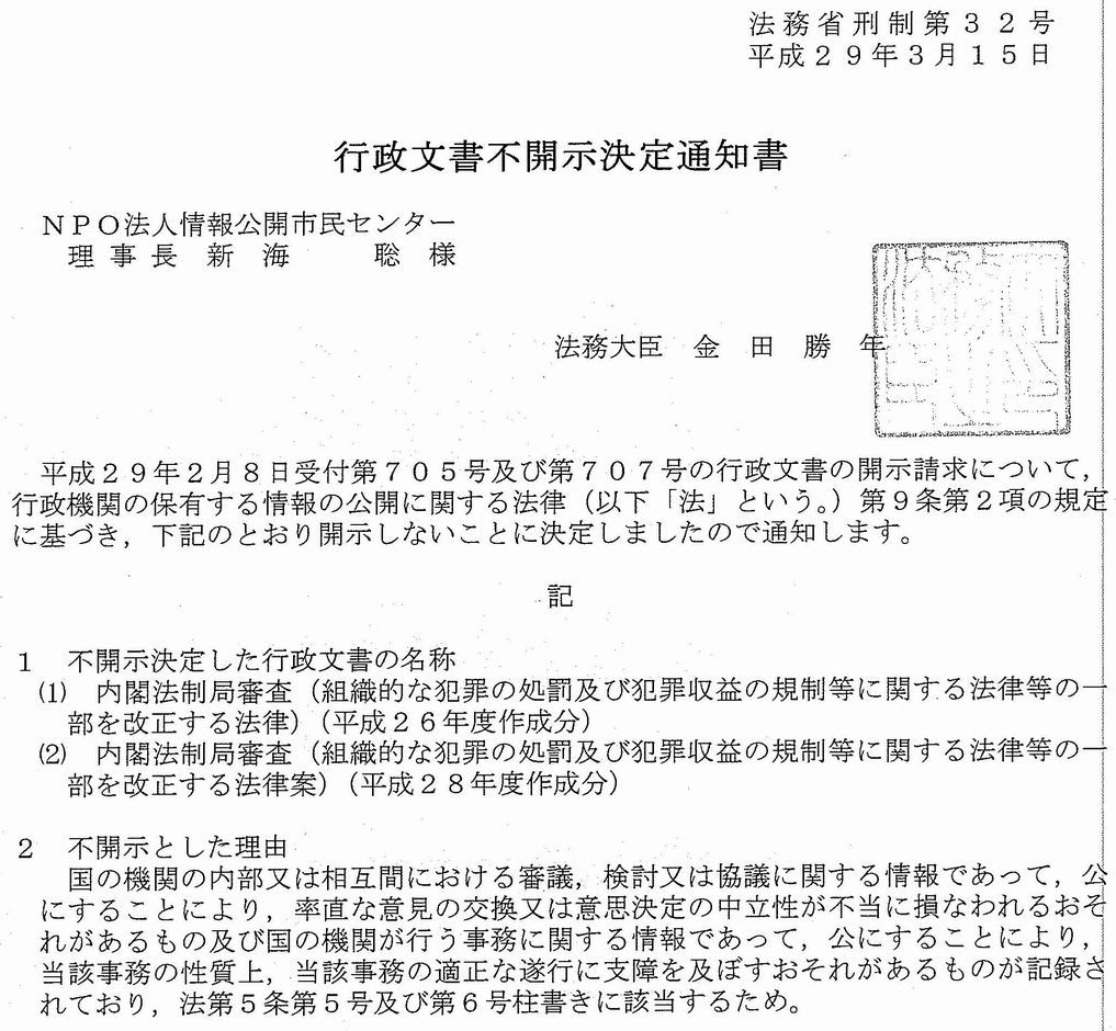 共謀罪制定過程資料　「外交情報」「意思形成過程」として不開示　協議内容は延長_d0011701_18364273.jpg