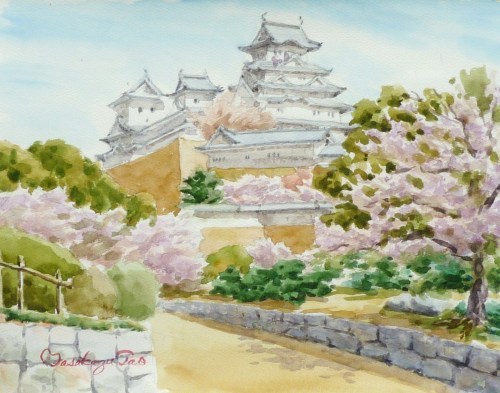 姫路城別”白鷺城の桜”を透明水彩で描いています 兵庫 : 日本の