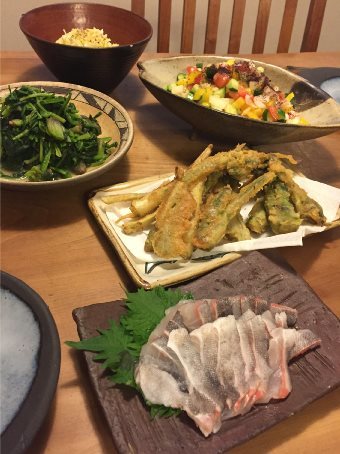 石鯛 刺身と湯煮と塩焼き とウドの天ぷら サラダなどなど 我楽多工場分室 2