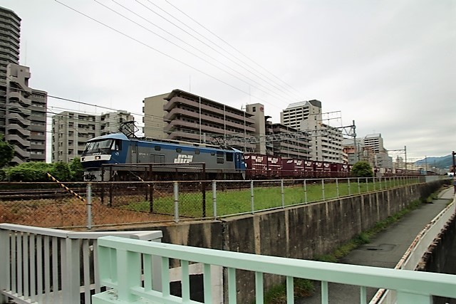 藤田八束の鉄道写真@東海道本線を走る貨物列車、西宮駅付近の陸橋で撮影・・・西宮市は中央の高台に線路あり絶景_d0181492_16271553.jpg