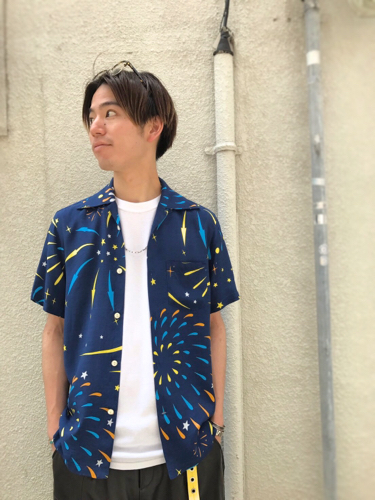 花火柄の開襟シャツ Flatbush Clothes Lab