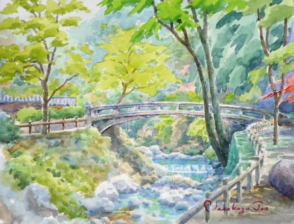 箕面公園の紅葉橋を透明水彩で描いています 大阪 日本の素晴らしさをアートで伝える 箕面公園の紅葉橋を透明水彩で描いています 大阪 日本の素晴らしさをアートで伝える