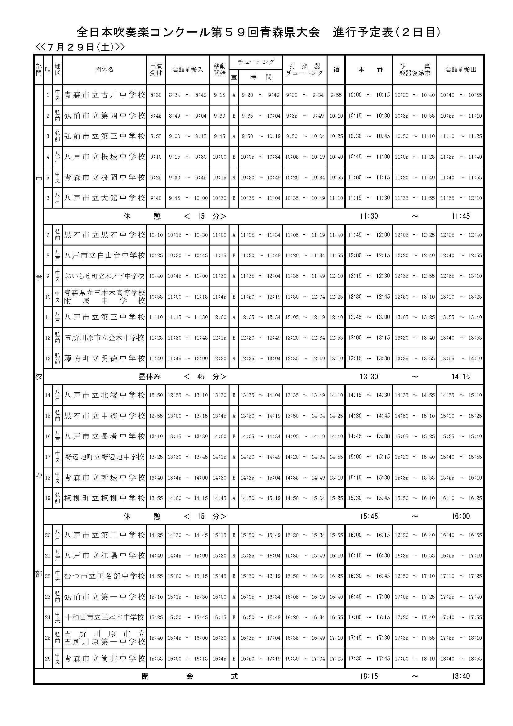 2017吹奏楽コンクール県大会 タイムテーブル 今日のクレール