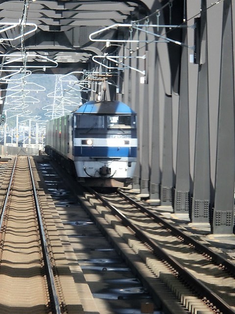 藤田八束の鉄道写真@鉄橋を渡る貨物列車桃太郎・・・加古川鉄橋と貨物列車の写真_d0181492_14454799.jpg