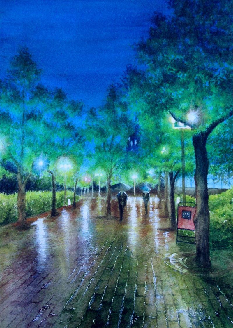 雨の夕暮れ (いずみホール大阪城公園) : 透明水彩画とトンボ玉を楽しむ