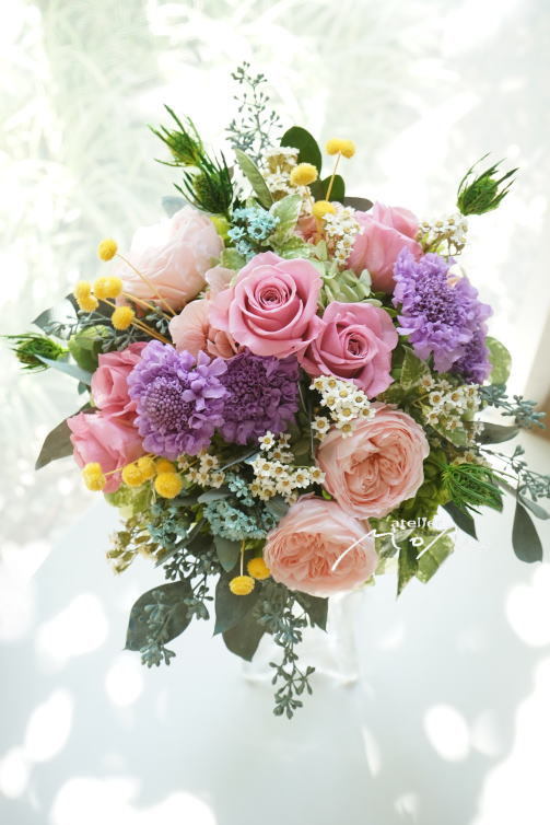 #ピンク&ランベンダーのクラッチブーケ_a0136507_22492964.jpg