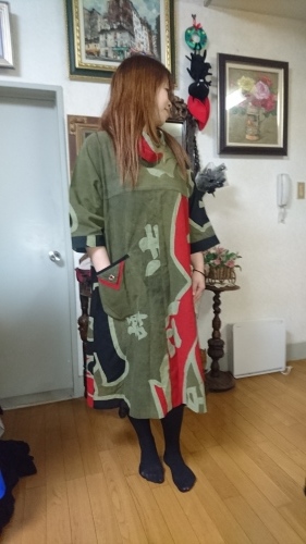 大漁旗リメイク ワンピース 大漁旗の柿渋染めワンピース 古布リメイク