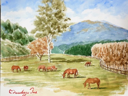 絵画「木曽路より御岳山をのぞむ」 水彩画 【公式通販】