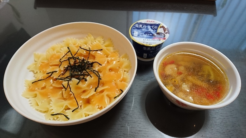 ひまわり荘&#127803;朝食 マカロニ明太子クリーム 野菜スープ ヨーグルト_c0357519_07135791.jpg