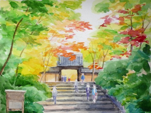 寺社の見事な紅葉 を透明水彩で描いています 京都 日本の素晴らしさをアートで伝える 寺社の見事な紅葉 を透明水彩で描いています 京都 日本の素晴らしさをアートで伝える