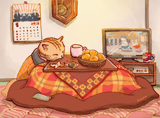 こたつ猫のイラスト Laura S Illustration お茶の時間にしましょうか キャロ ローラのちいさなまいにち Caroline Laura S Tea Break