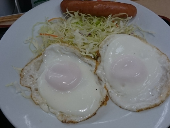 1/10夜勤明け ソーセージダブルエッグ定食ミニ牛皿ライス大盛り¥510@吉野家_b0042308_15383980.jpg