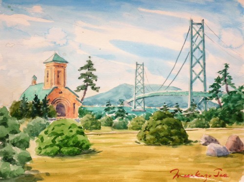 ”世界最長の吊り橋”を透明水彩で描いています　　兵庫舞子_e0351152_07440484.jpg