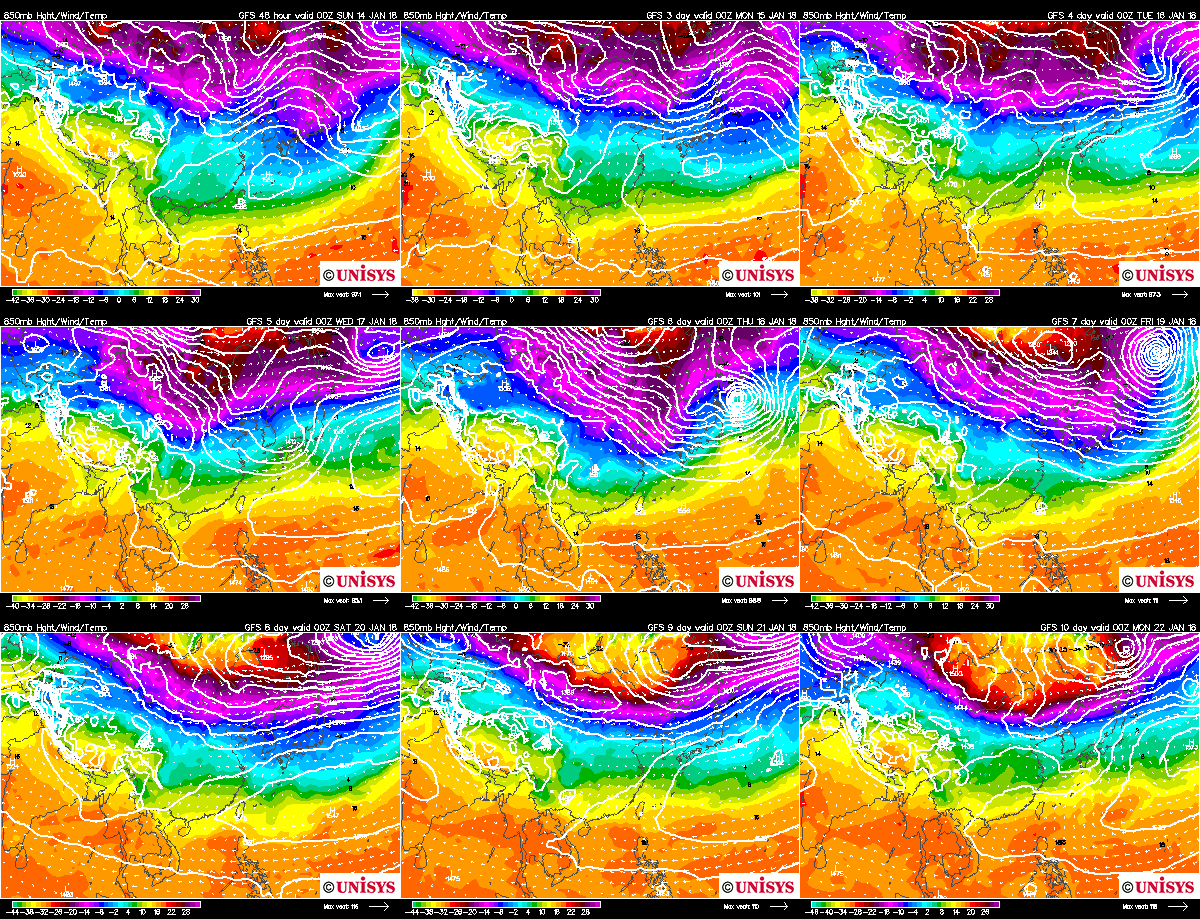 Unisys Weather　  GFS - EA - 850mb - 9Panel for East Asia(2018年1月12日版)+1ヶ月予報_e0037849_21350208.gif