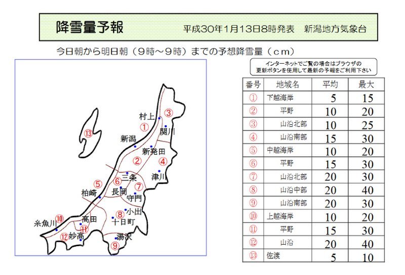 新潟県降雪量予報(2018年1月13日AM/PM)　_e0037849_08131305.jpg