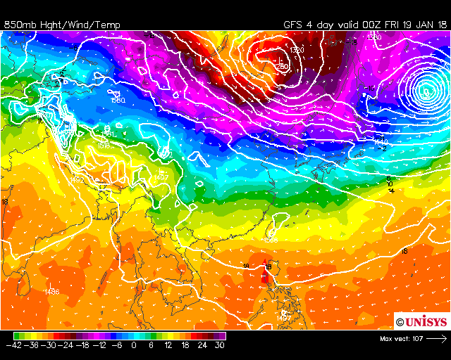 Unisys Weather　  GFS - EA - 850mb - 9Panel for East Asia(2018年1月15日版）_e0037849_21142963.gif