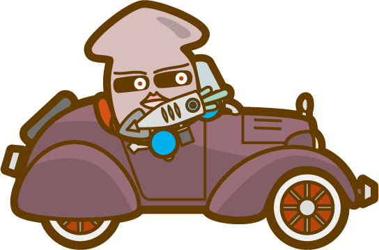 オープンクラシックカーに乗るイカメシくんの車のイラスト 炊きたてコメごはん