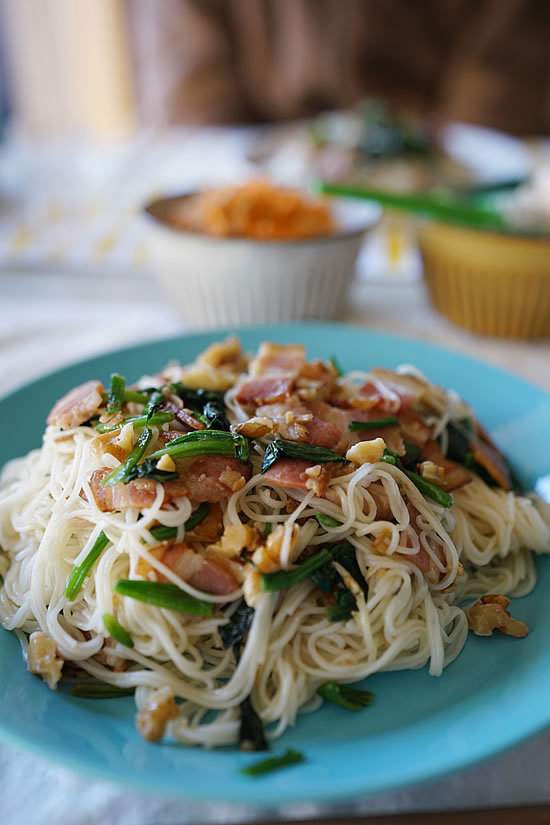 2018.1.14　あえ麺100『ベーコン、ほうれんそう、くるみ炒め』_a0353681_18175449.jpg