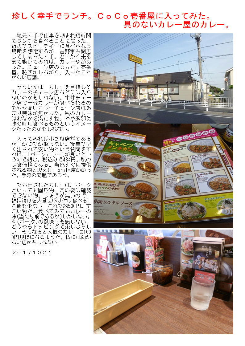 珍しく幸手でランチ coco壱番屋に入ってみた 具のないカレー屋のカレー 中年夫婦の外食2 珍しく幸手でランチ coco壱番屋に入ってみた 具のないカレー屋のカレー 中年夫婦の外食2