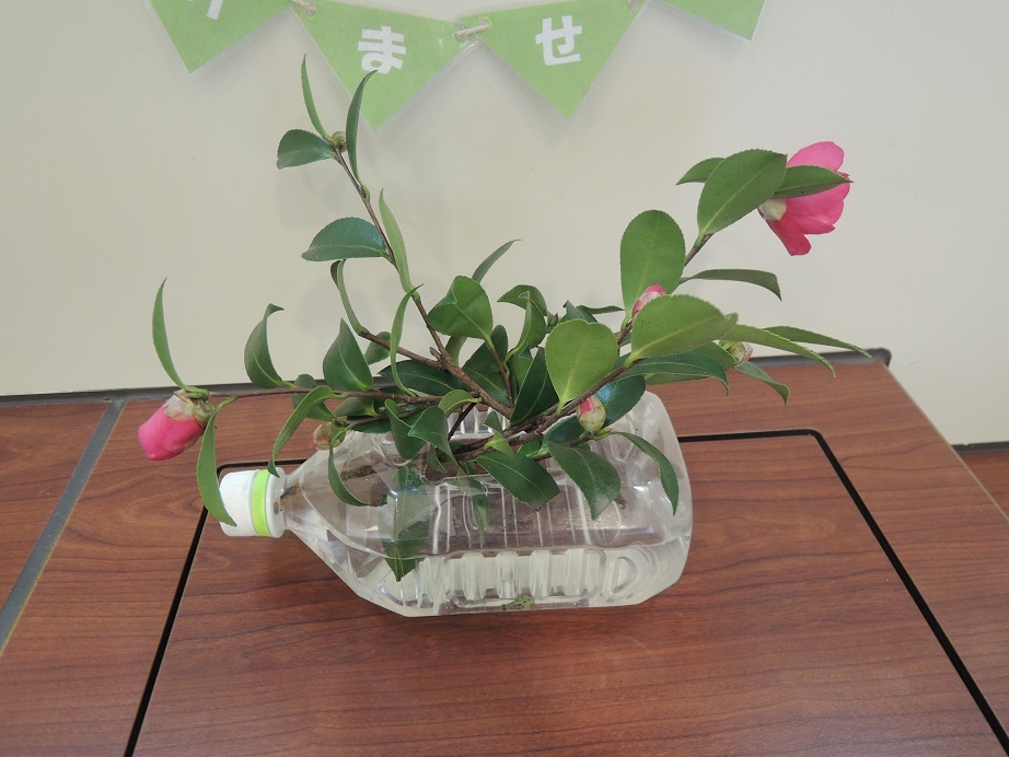佐野サービスエリアで見つけたペットボトル製の花挿しと冬の花 じゃポルスカ楽描帳