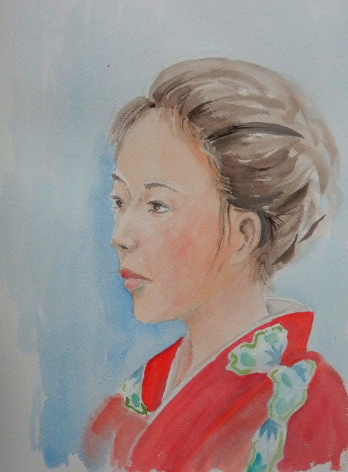 水彩絵、江戸時代の人の顔
