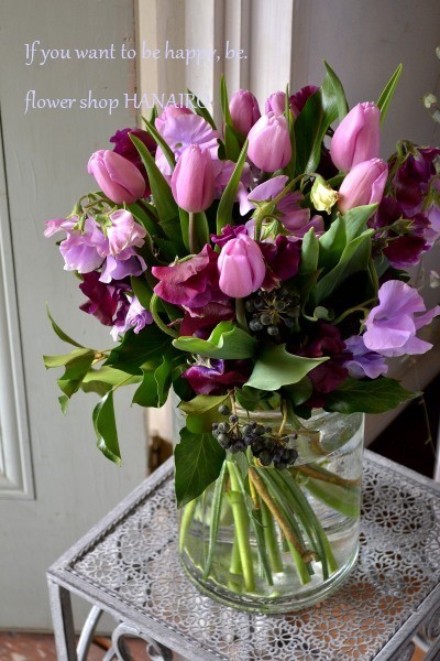 古希のお祝いに スイートピーとチューリップの花束 花色 あなたの好きなお花屋さんになりたい
