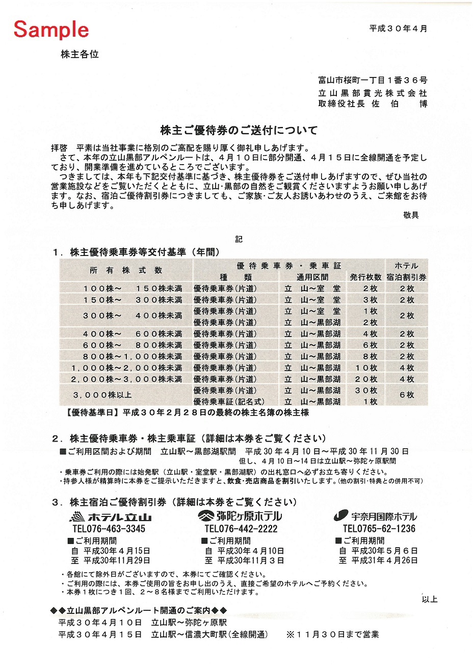 立山黒部貫光の株主優待券(平成30年通期) : 乗り物系株主優待券(ほか