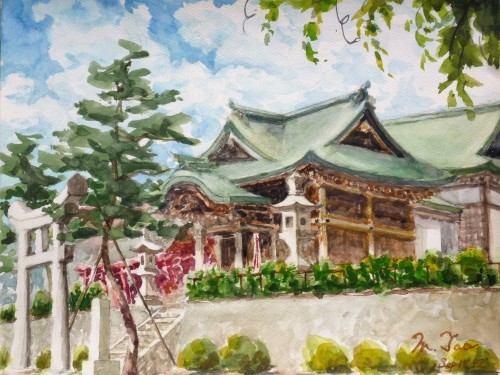 春の神社を透明水彩で描いています 神戸 : 日本の素晴らしさを 春の神社を透明水彩で描いています 神戸 : 日本の素晴らしさを