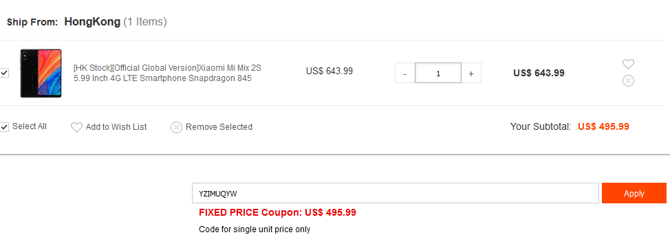 スナドラ845搭載機xiaomi Mix 2s クーポン適用で496ドルまで値下げ 白ロム中古スマホ購入 節約法