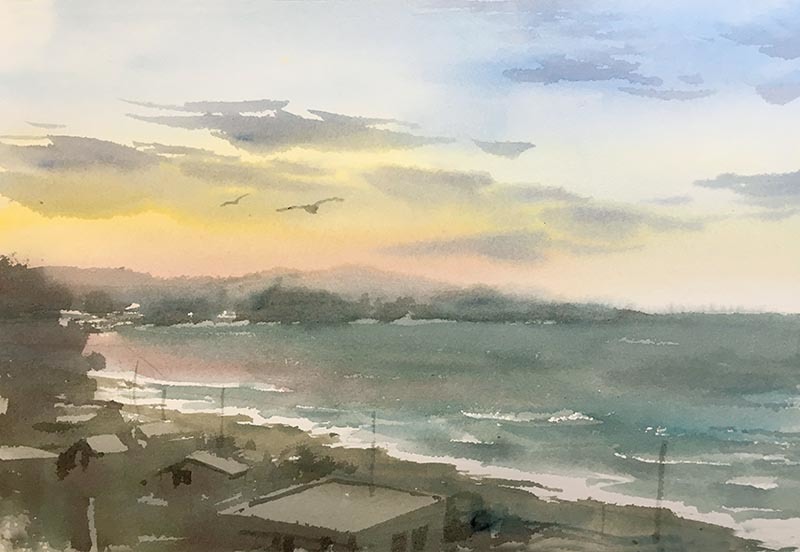 絵画「凍てつく朝」 水彩画