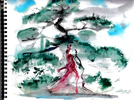 松の間の 松を描く 若狭宣子 水彩画