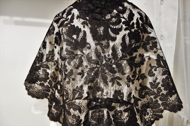 LANVIN ハット シルク黒 ベール付 レース手袋&三角ショール