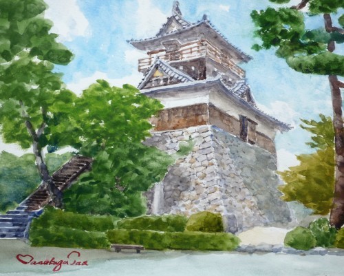 最古の建築様式の城を透明水彩で描いています 福井 : 日本の