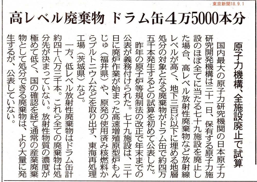 高レベル廃棄物　ドラム缶４万５０００本分　原子力機構試算　/　東京新聞　_b0242956_21592737.jpg