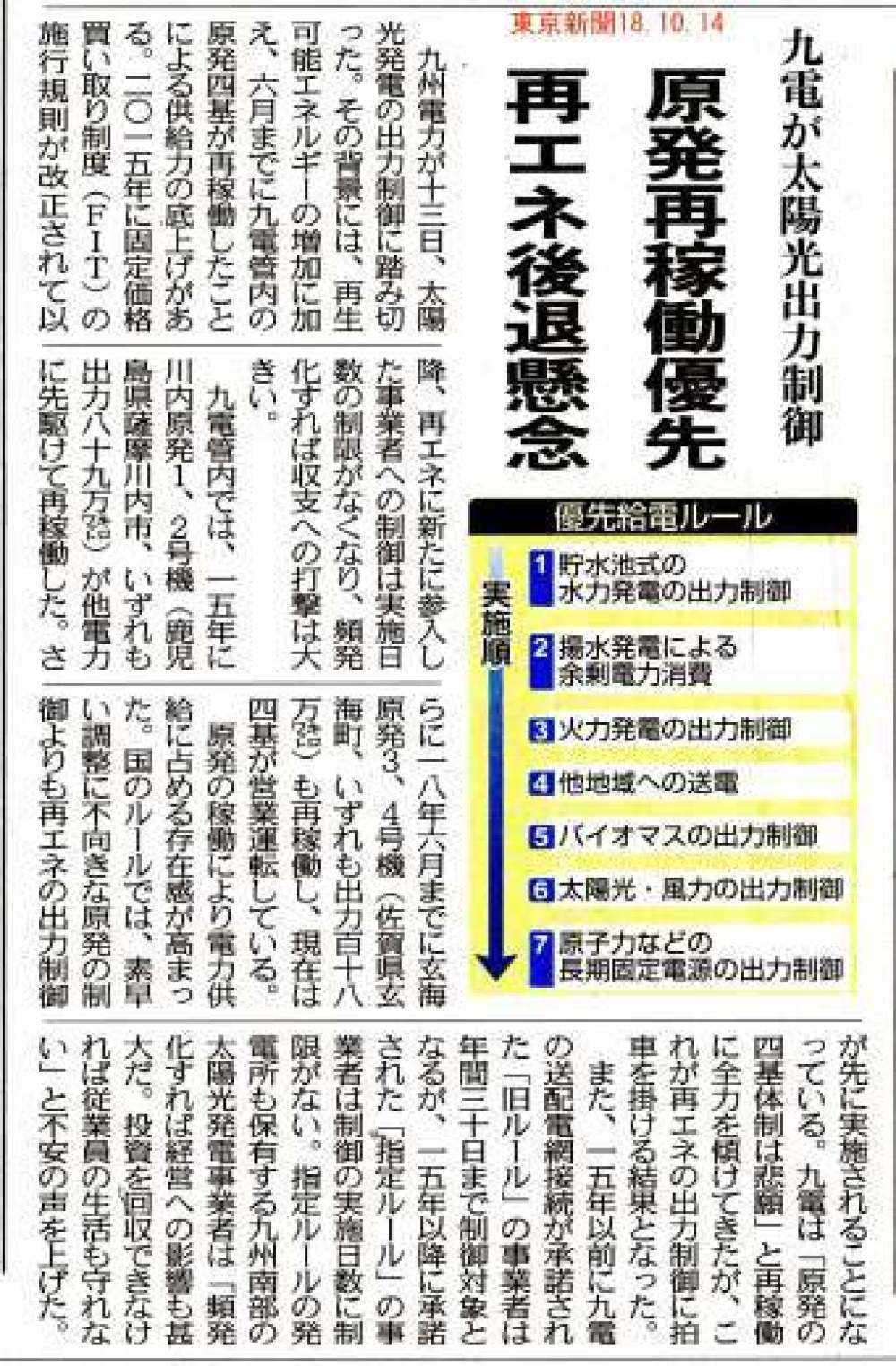 九電が太陽光出力制御　原発再稼働優先　再エネ後退懸念　/ 東京新聞　_b0242956_05075836.jpg