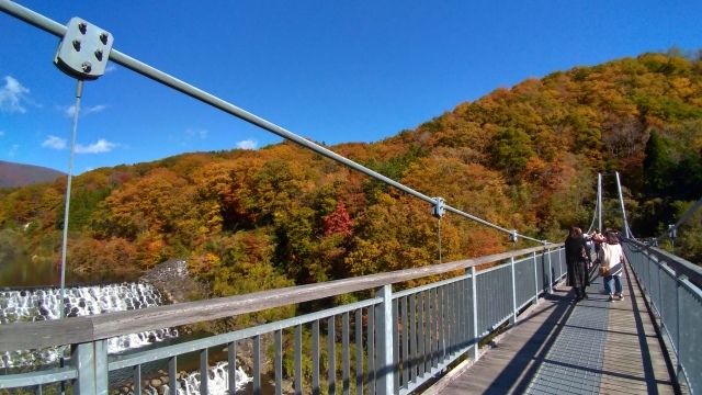 やまびこ吊り橋と長老湖の紅葉 ペンギンの足跡