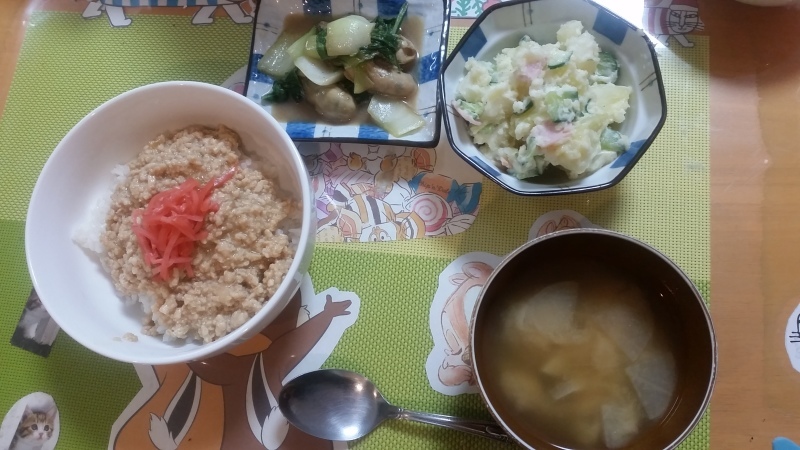 あじさい荘夕食　鶏そぼろ丼　牡蠣とチンゲン菜の炒め定食_c0357519_19581045.jpg