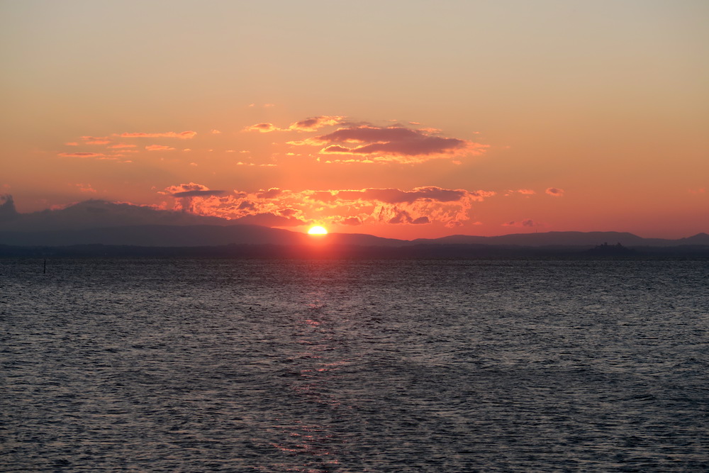 アオサギ飛びゆく夕日の湖、トラジメーノ湖_f0234936_702086.jpg