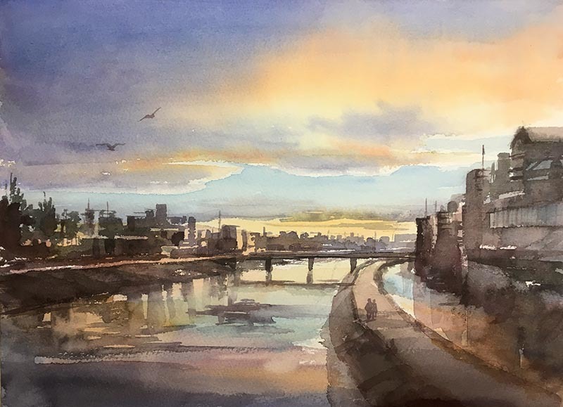 京都 四条大橋から 赤坂孝史の水彩画