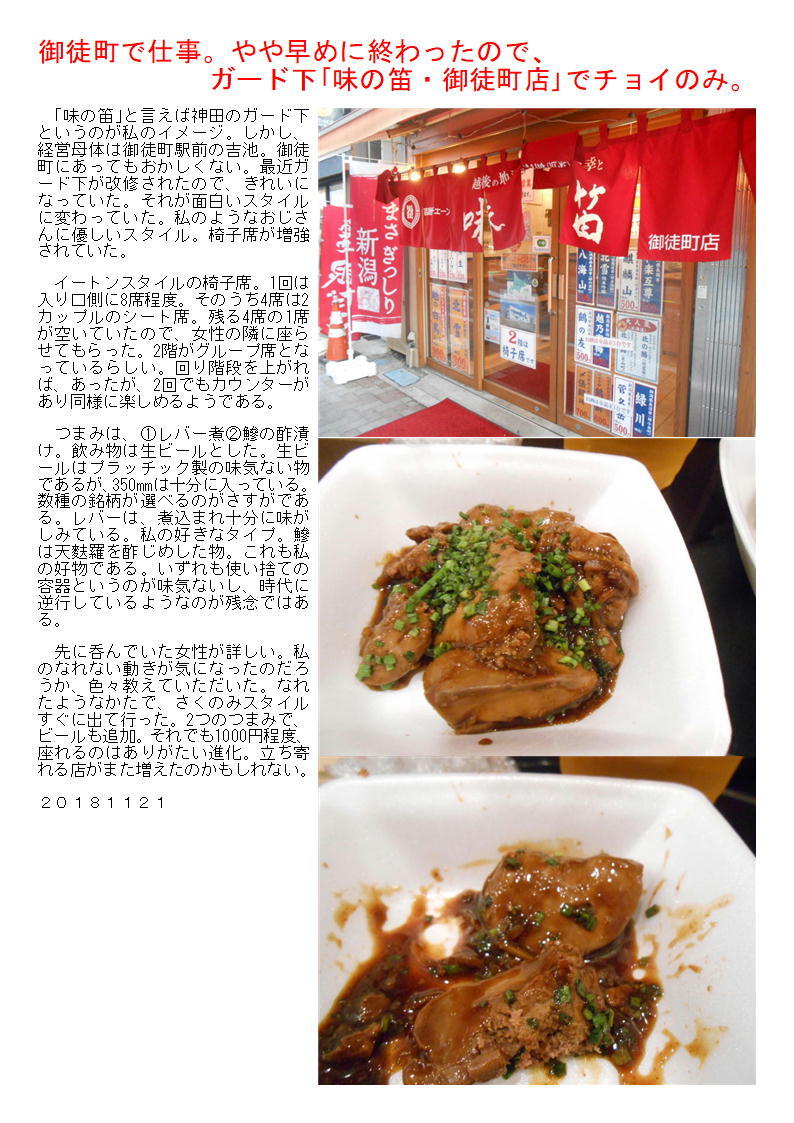 一人一次会、御徒町で仕事。やや早めに終わったので、ガード下｢味の笛｣でチョイのみ。_f0388041_07335315.jpg