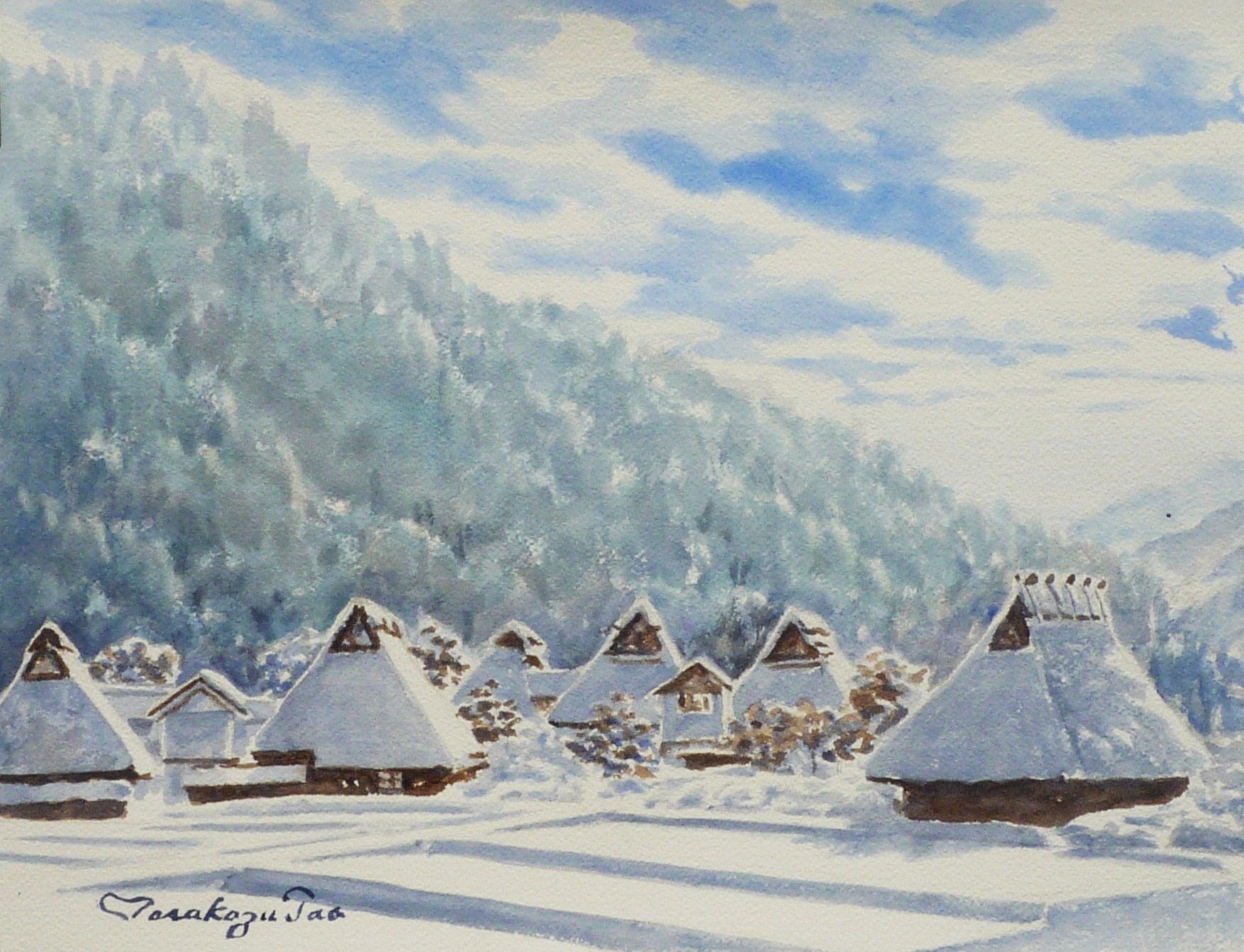 【真作】絵画　水彩8号　雪の山里　静謐な冬の風景　厳冬の日本風景画　X93 真作】絵画 水彩8号 雪の山里 静謐な冬の風景 厳冬の日本風景画