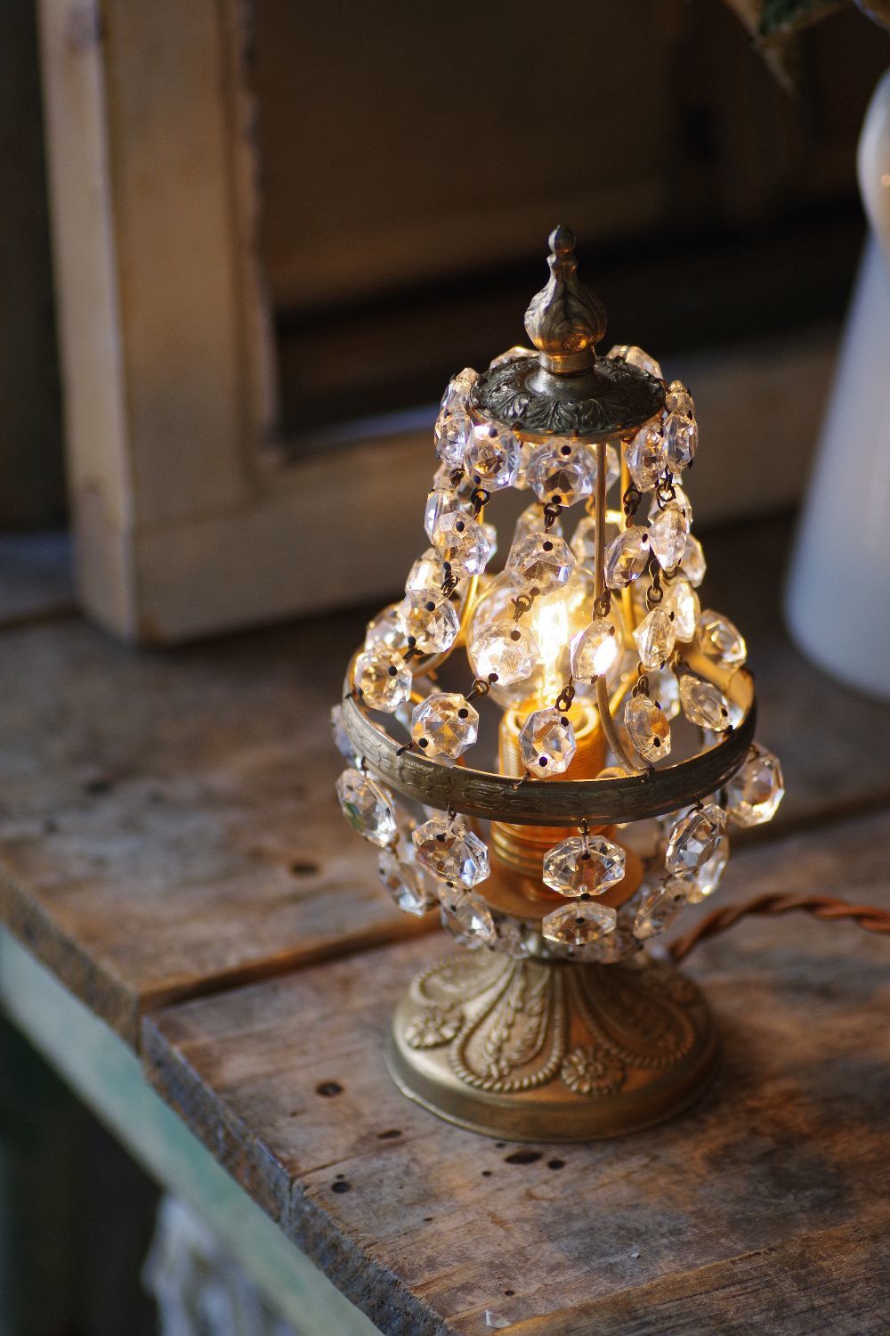 フランスアンティーク ピンク大粒ガラスドロップ ミニシャンデリアシェード