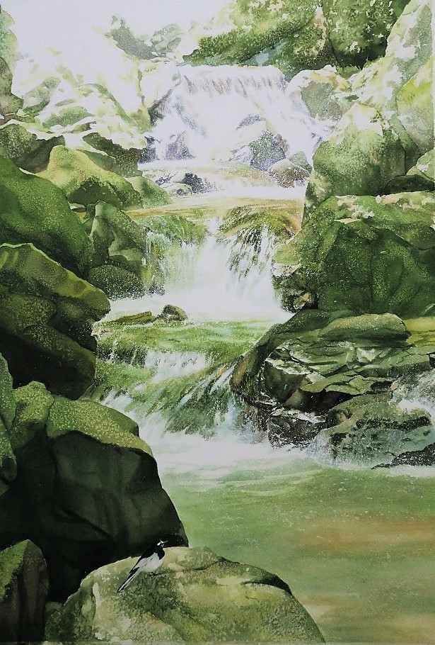 風景水彩画 「渓流の釣り」 原画