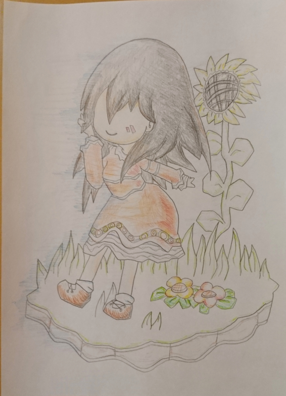 色鉛筆のイラスト ひまわりと少女 W L電柱l 豆大福がてんこもりなブログ２ １