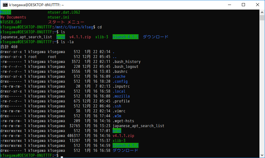 Win10 コンソール 比較 /Bash/PowerShell/Cmder/wsl-terminal - WSL使用時 (1/22)_a0034780_03414910.png